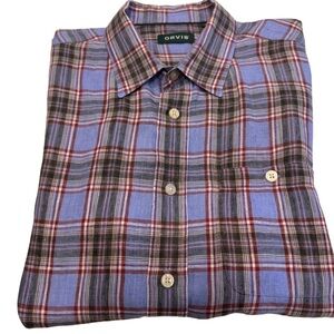 Orvis Men's 100% LINEN Button Down Shirt Short Sleeve Blue / Gray Plaid Sz L NEW